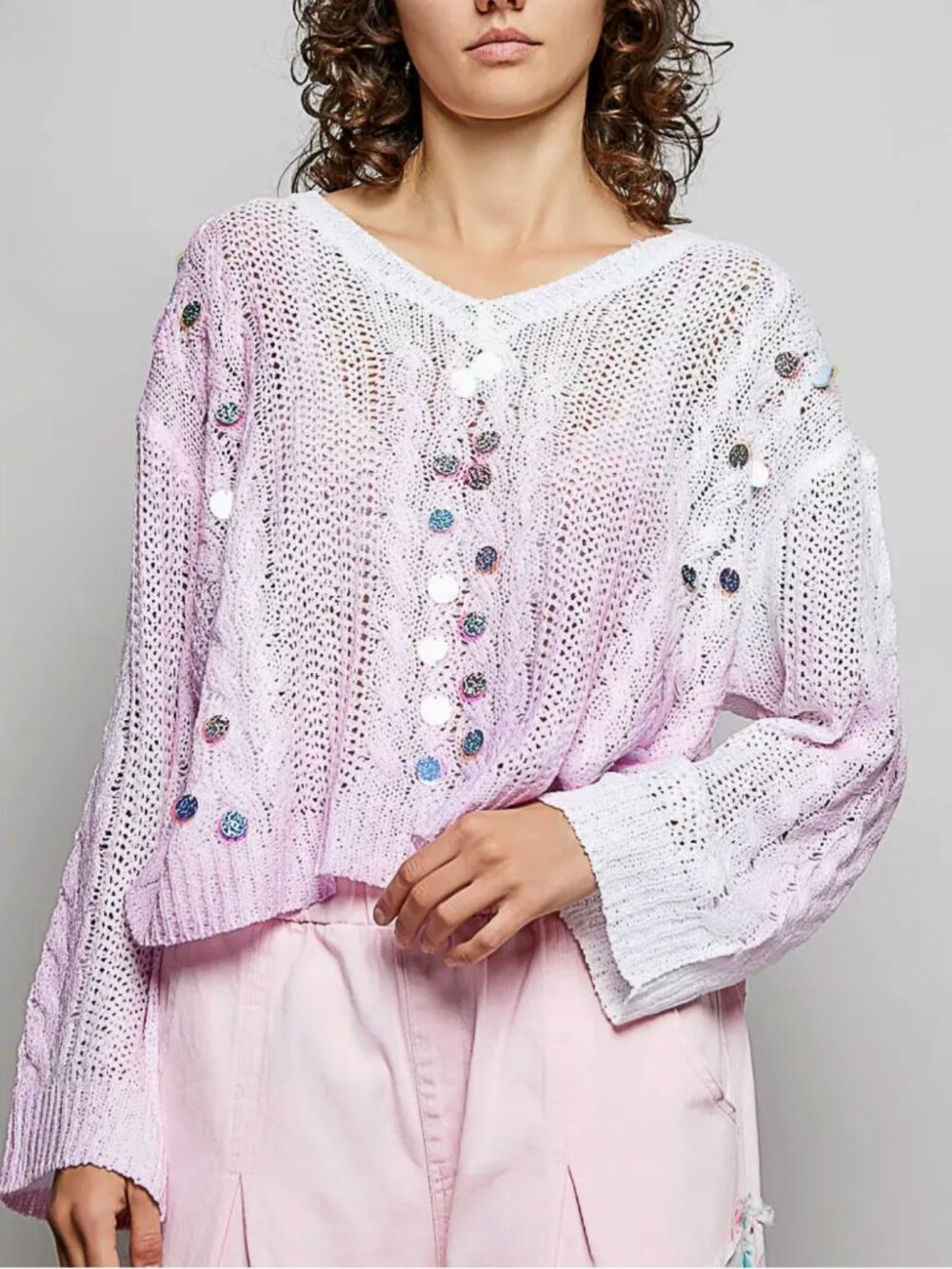 POL Ivory Pink Sequin Tie Dye Cable Knit V Neck Sweater NWT